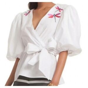 Trina Turk Embroidered Dragonfly Balloon Sleeve White Top Large